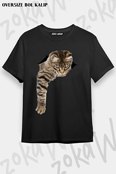 ZOKAWEAR Tricou imprimat unisex oversize cu design vizual 3d pentru pisoi