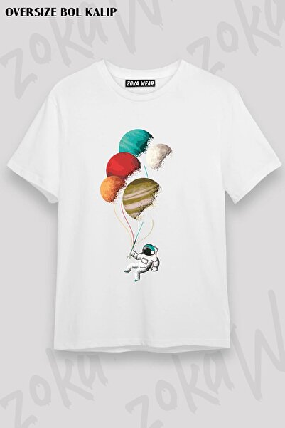 ZOKAWEAR Unisex Oversize kroj Mold Space Balloon Planet Design Štampano majica
