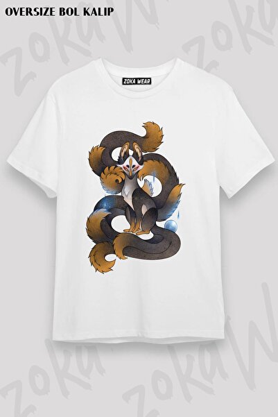 ZOKAWEAR Unisex Oversize kroj Mold Crno-Zlatna Kitsune Dizajn Štampano Majica