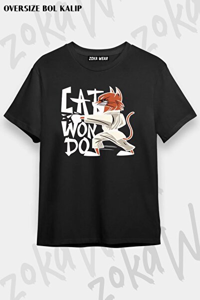 ZOKAWEAR Unisex Oversize Kalıp Cat Won Do Tekvando Tasarım Baskılı Tshirt