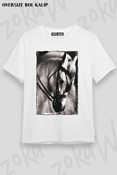ZOKAWEAR تيشيرت مطبوع بتصميم حصان v4 كبير الحجم للجنسين
