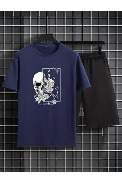 caddekombin Κοντό κοστούμι με μοτίβο κρανίου και τριαντάφυλλου σε μαύρο ναυτι...