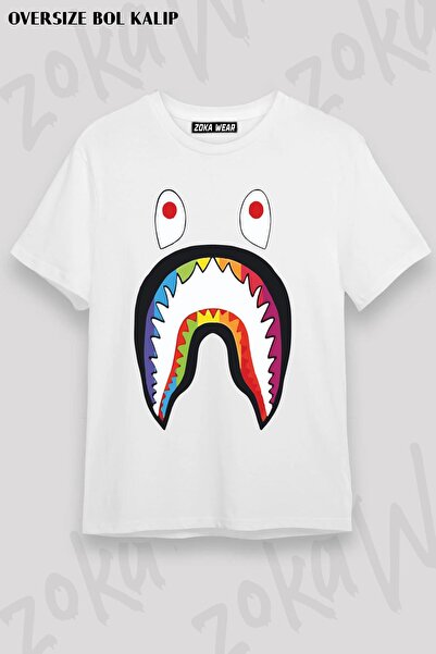 ZOKAWEAR Tricou unisex oversize Bape Shark cu imprimeu colorat