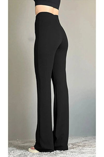 THIFF GYMWEAR Dámské černé kalhoty Palazzo z krepové tkaniny Lycra s travnatým předním dílem