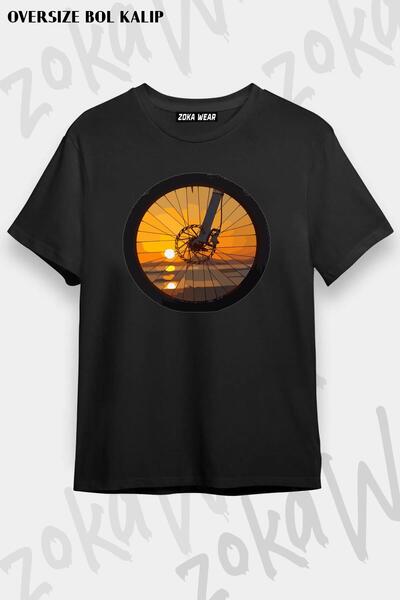 ZOKAWEAR Tricou unisex oversize cu imprimeu Sunset Design în roata de bicicletă