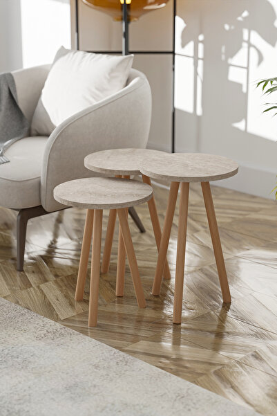 EGEMODÜLER Yuvarlak Yan Sehpa Ahşap Ayaklı Zigon Sehpa