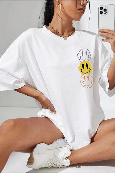 Frisson Unisex Emoji Printed Crew Neck Oversize Cotton T-Shirt