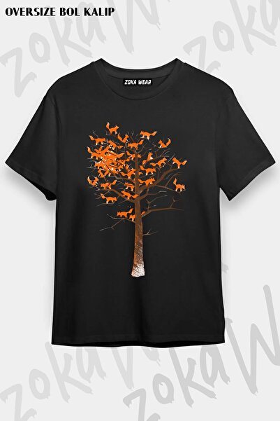 ZOKAWEAR تي شيرت مطبوع بتصميم كبير الحجم للجنسين من أوراق الشجر والثعلب