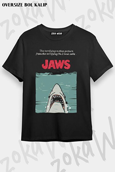 ZOKAWEAR تي شيرت مطبوع بتصميم كبير الحجم للجنسين من Jaws Retro Vhs