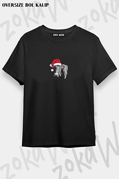 ZOKAWEAR Unisex Oversize Kalıp Yılbaşı Şapkalı Inek Temalı Tasarım Baskılı Tshirt