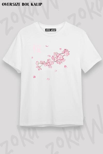 ZOKAWEAR تي شيرت مطبوع بتصميم زهور الكرز ساكورا مقاس كبير للجنسين