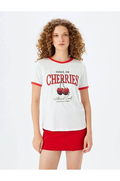 Koton Cherry Printed Ecru Women's T-Shirt 5Sal10092Ik