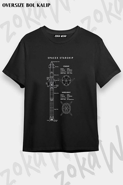 ZOKAWEAR Tricou unisex oversize cu imprimeu SpaceX Starship Design