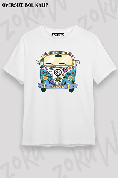 ZOKAWEAR Tricou oversize unisex cu imprimeu Hippie Mod Peace Woswos