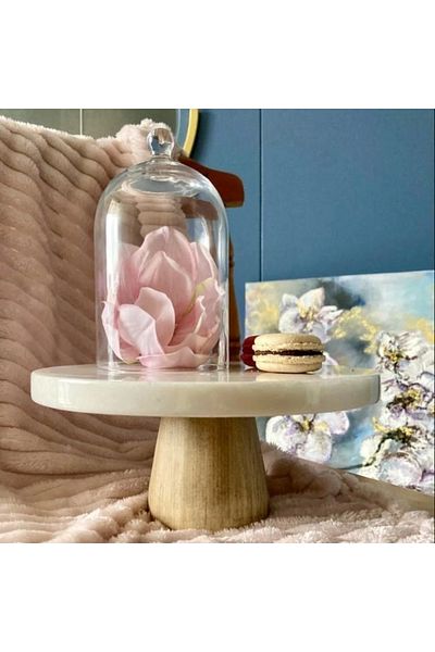 Akayev White Thick Round Presentation Plate with Marble 28 cm Conical Wooden Legs