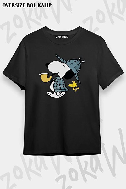 ZOKAWEAR Unisex Oversize Kalıp Snoopy Dedektif Tasarım Baskılı Tshirt