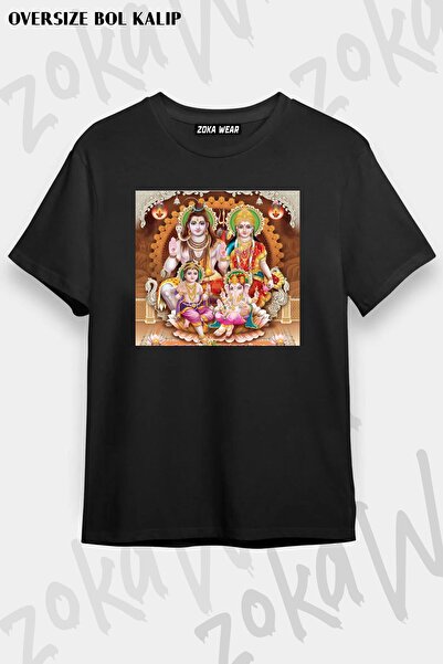 ZOKAWEAR Tricou unisex oversize cu model Lord Shiva Parvati Ganesh Krishna