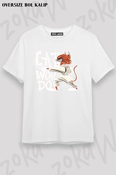 ZOKAWEAR Unisex Oversize Kalıp Cat Won Do Tekvando Tasarım Baskılı Tshirt