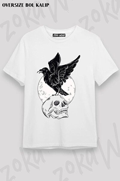 ZOKAWEAR Unisex Oversize Mold Crow Moon Skull Design Printed Tshirt
