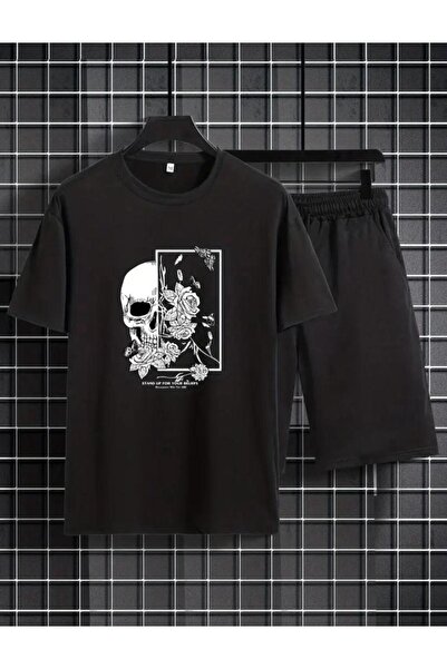 caddekombin Μαύρος κρανίος και τριαντάφυλλο με τύπωμα Άνετο κοντό σετ - Φαρδύ...