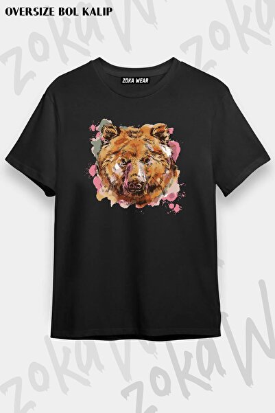 ZOKAWEAR تيشيرت مطبوع بتصميم ملون على شكل دب كبير الحجم للجنسين