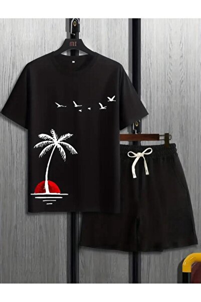 caddekombin Tricou cu imprimeu cu păsări și palmieri Pantaloni scurti cu pici...