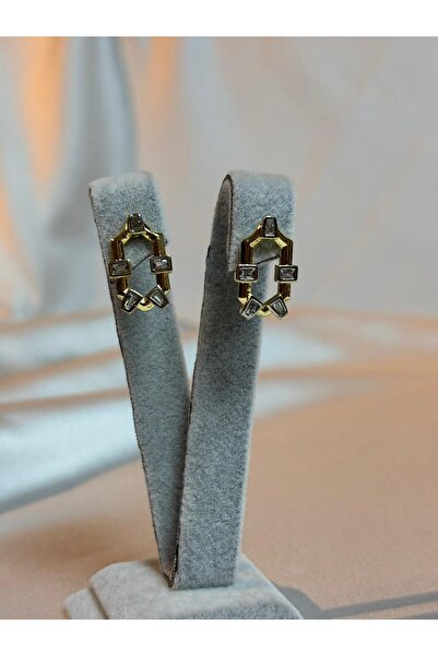 mysteriajewelry Çelik Altın Renk Zirkon Taşlı Geometrik Küpe