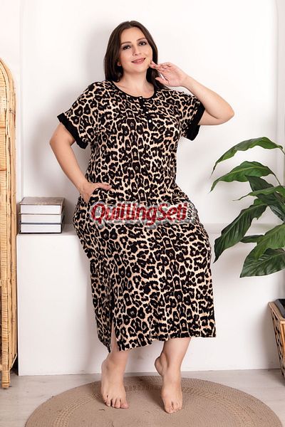 quilling Leopard Print Lady 7263 Women's Short Sleeve Button Collar Plus Size Mother's Nightgown, Dress