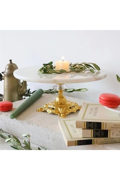 Akayev Marble White 25 Cm Gold Baroque Foot Presentation Plate