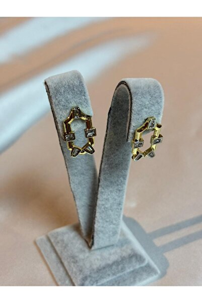 mysteriajewelry Çelik Altın Renk Zirkon Taşlı Geometrik Küpe