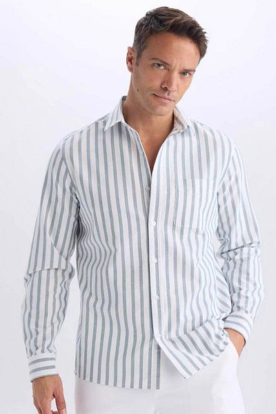 DeFacto Regular Fit Polo Neck Striped Oxford Long Sleeve Green Men's Shirt D6101Ax/Gn756