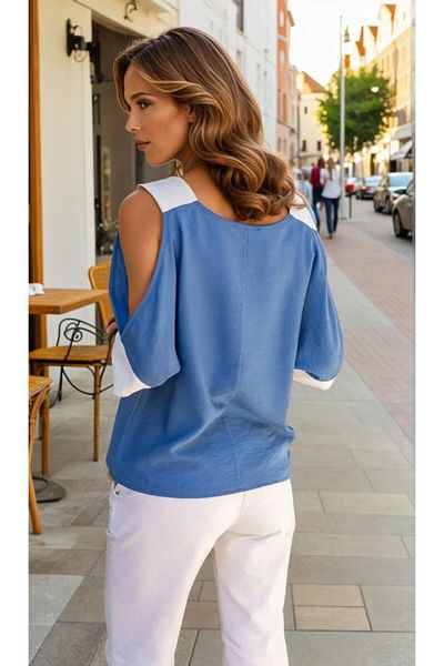 Pasaklı Giyim Women's Indigo Short Sleeve Off-The-Shoulder Loose Linen Blouse 2923220