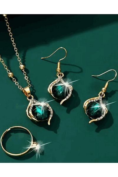 takıbahçesi Non-Tarnish Steel Zircon Stone Detailed Elegant Water Drop Necklace Earrings Ring Set
