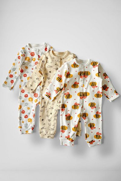 COOLMINIES 3-Piece Patterned Baby Romper Set - Snap Fastener, 100% Cotton, 3-12 Months
