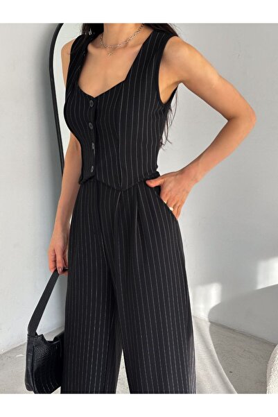 MODA سترة نسائية مخططة ذات رقبة على شكل قلب وأزرار