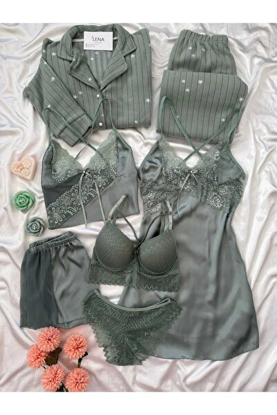 Lena Homewears Çağla Saten Kutulu 7 Parça Lüks Dev Pijama Gecelik Iç Giyim Çeyiz Seti