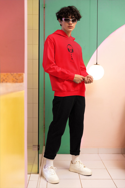 MG Headphone Printed Men's Cotton Long Sleeve Hooded Sweatshirt with 3 Threads