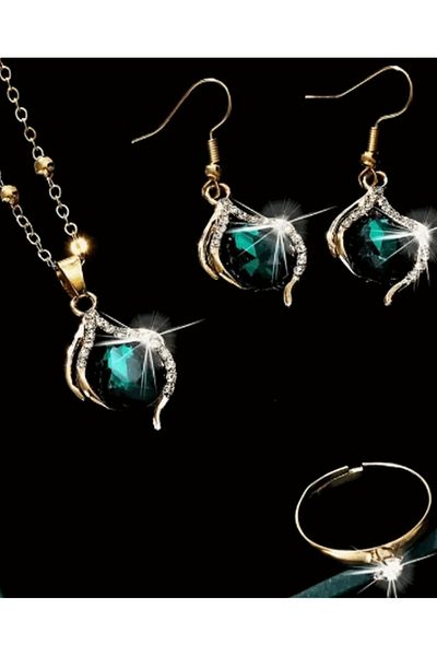 takıbahçesi Non-Tarnish Steel Zircon Stone Detailed Elegant Water Drop Necklace Earrings Ring Set