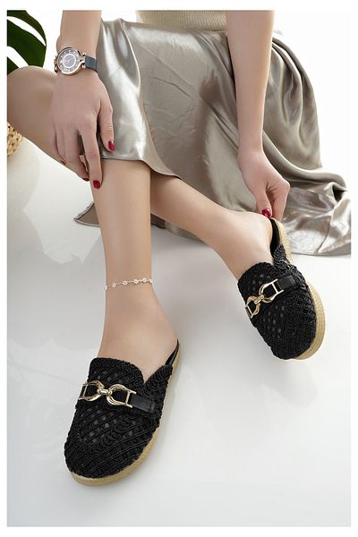 Modafırsat Women's Casual Slippers Black Knit Straw Knitted Stylish Summer Home Beach Vacation Business Office Slippers