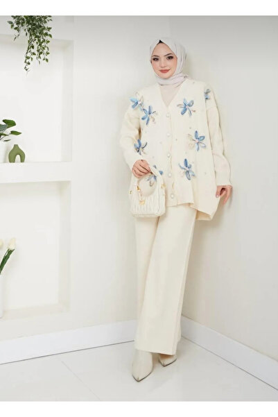 semela Set de tricotaje musulmane din două piese, cardigan floral și pantaloni