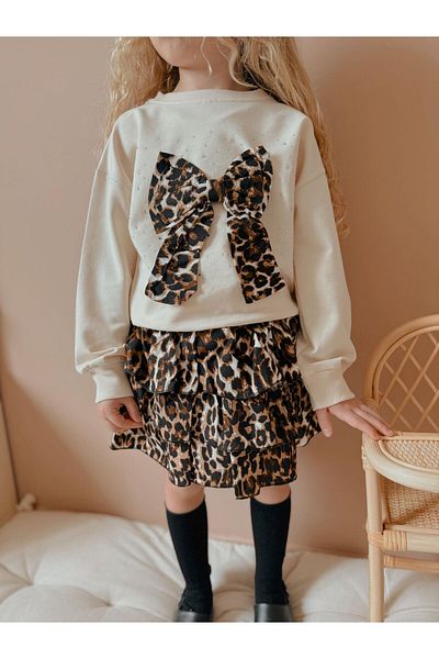 YİGİT BUTİK Yigit Boutique Girl's Suit with Bow Embroidered Leopard Skirt
