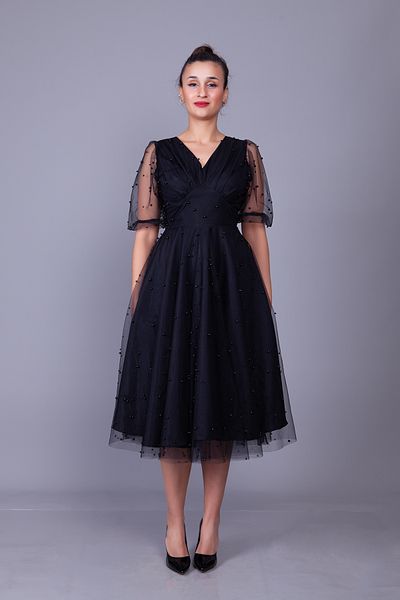 Bidoluelbise Pearl Tulle Covered V Neck Short Balloon Sleeve Midi Length Evening Dress