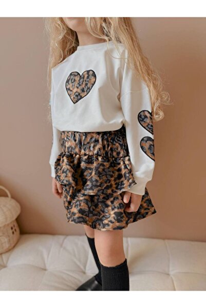 YİGİT BUTİK Yigit Boutique Fusta Leopard Brodat Inimă Fete Set Partea Inferioară Sus