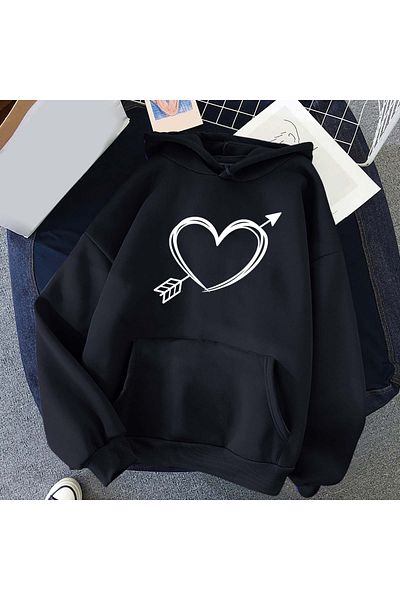 aynewmoda Heart Printed Hooded Sweatshirt Hoodie for Valentine's Day
