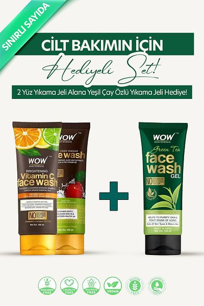 WOW Skin Science Vitamin C Brightening and Applesilk Soothing Face Wash Gel - 100X3 ml Green Tea Set of 3
