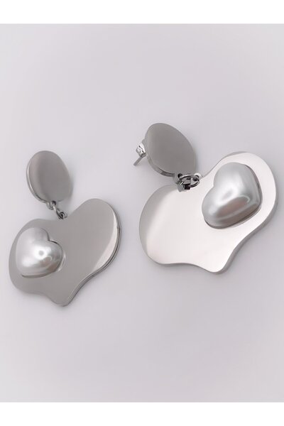 Trinos Çelik Küpe İnci Detaylı Plaka Kalp Küpe