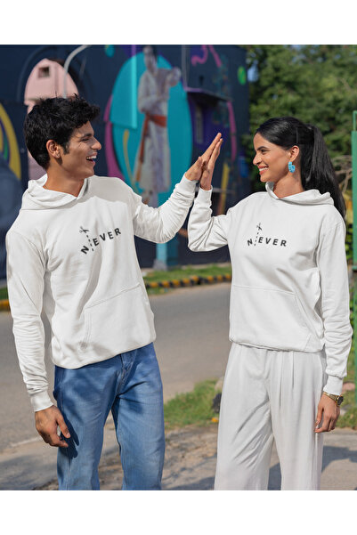 MG سويت شيرت بغطاء للرأس من القطن بأكمام طويلة للجنسين مطبوع أبدًا