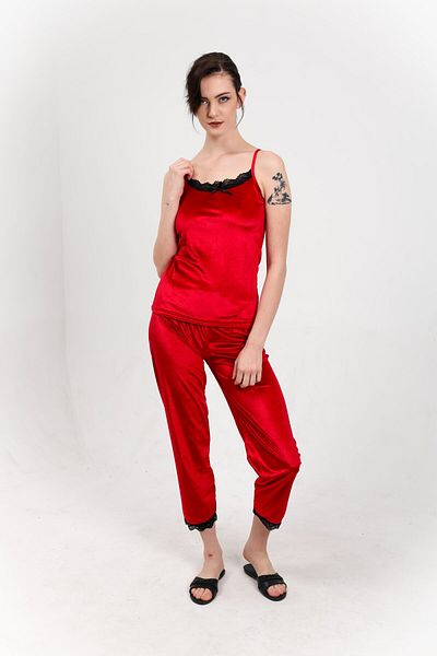 sıla sella Alec Lingerie Women's Velvet Bottom Top Strap Long Pajamas Set