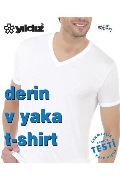 Yıldız Çamaşır Men's 6-Piece White Deep V Neck Short Sleeve Combed Cotton Undershirt