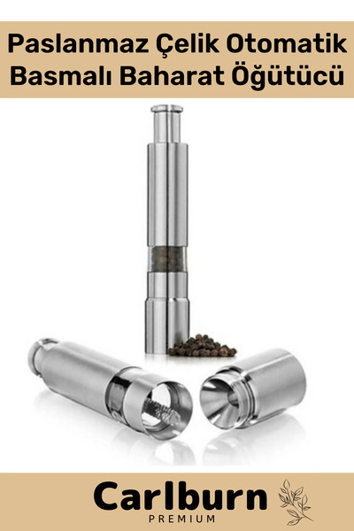 Carlburn Premium Paslanmaz Çelik Tuz Biber Mutfak Otel Kafe Tohum Otomatik Basmalı Pilli Baharat Öğütücü